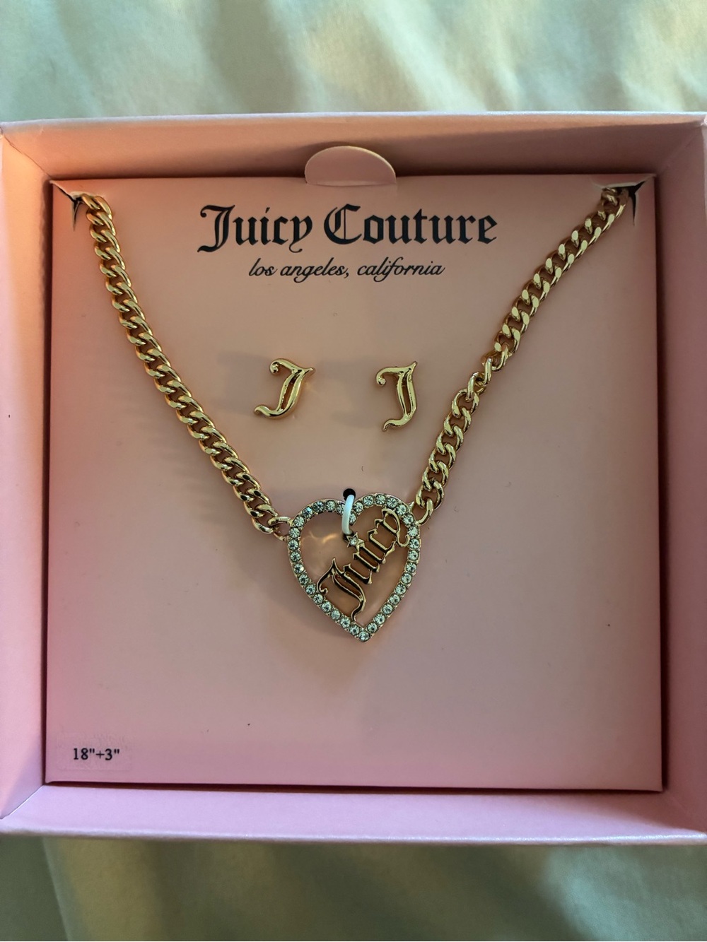 Juicy Couture Rhinestone Heart Necklace & Earrings Set NIB Gold Tone Y2K